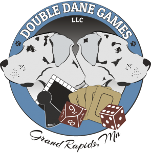 double dane games logo. great danes with board games, dice, and cards